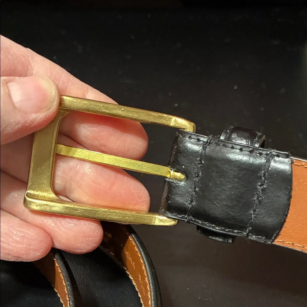 Men's vintage Black Leather Belt with Gold Buckle